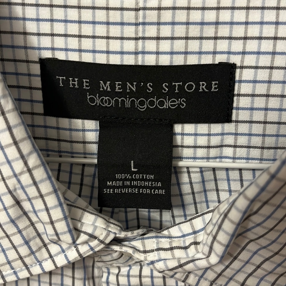 Bloomingdale’s Men’s Store white with brown and blue stripes casual shirt